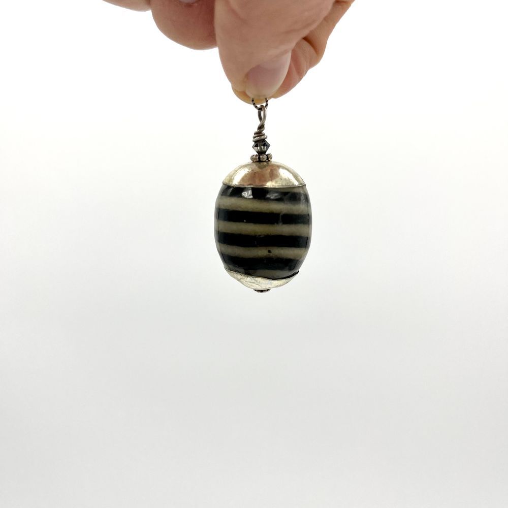 Vintage Striped Resin Bead Pendant Silver Tone Charm Boho Statement Jewelry